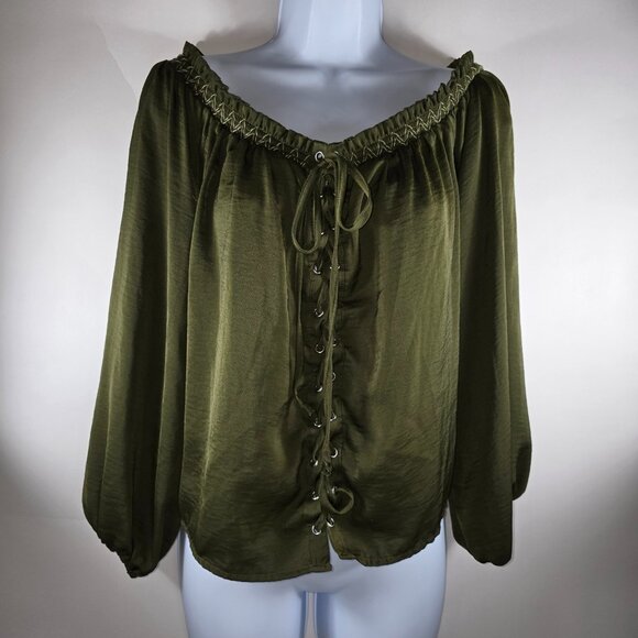 Forever 21 Womens Top Sz S Olive Green Silky Peasant Goth Lace Up Off Shoulder - Picture 1 of 5